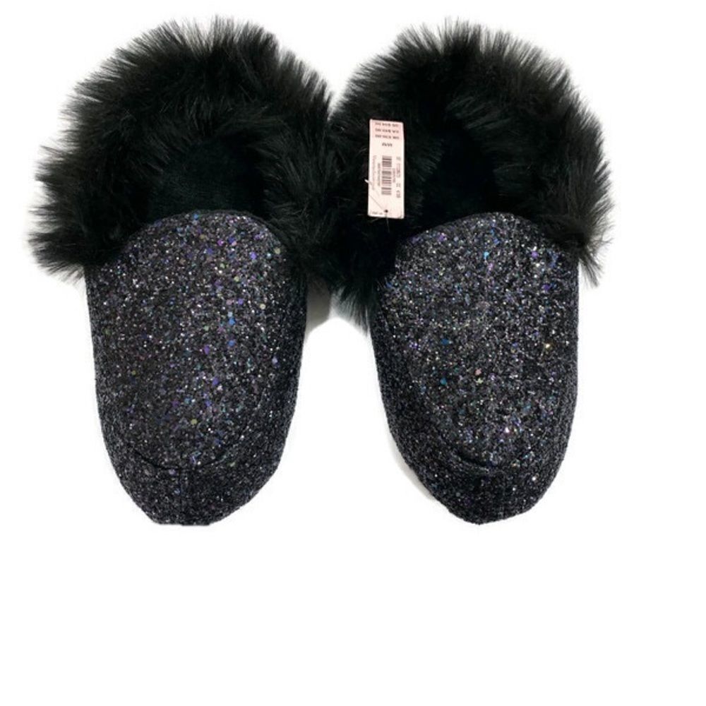 Victoria's Secret Glitter Fax Fur Slippers Black
